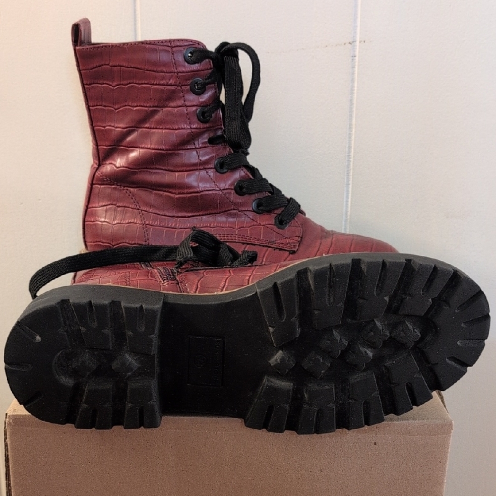 Sun + Stone Maroon Croc-Embossed Combat Boots - Picture 3 of 12